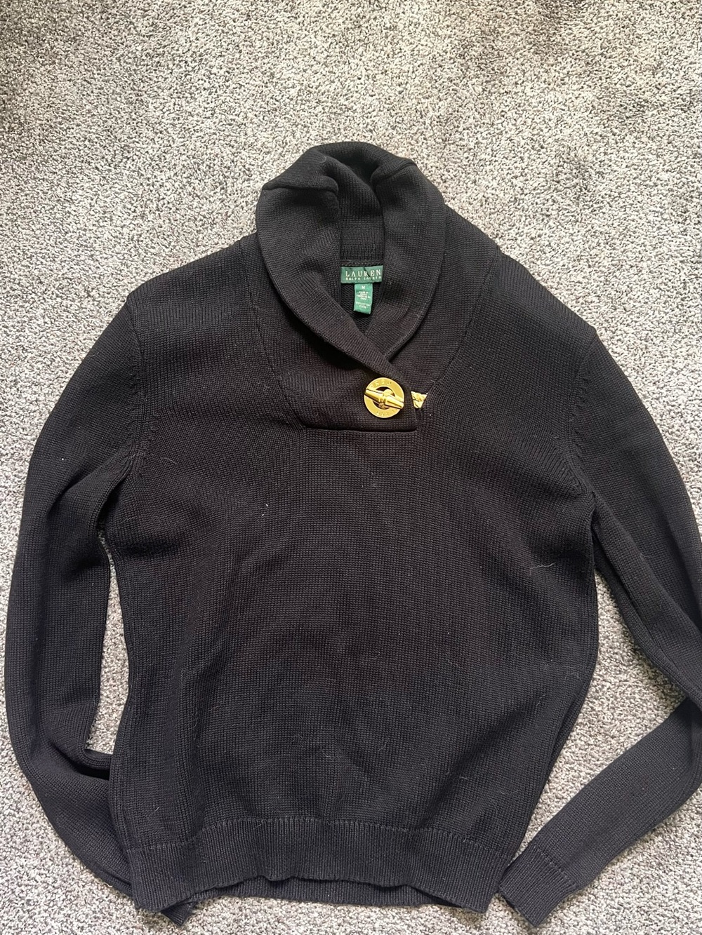 Ralph Lauren Black Shawl-Collar Knit Sweater with Gold Toggle